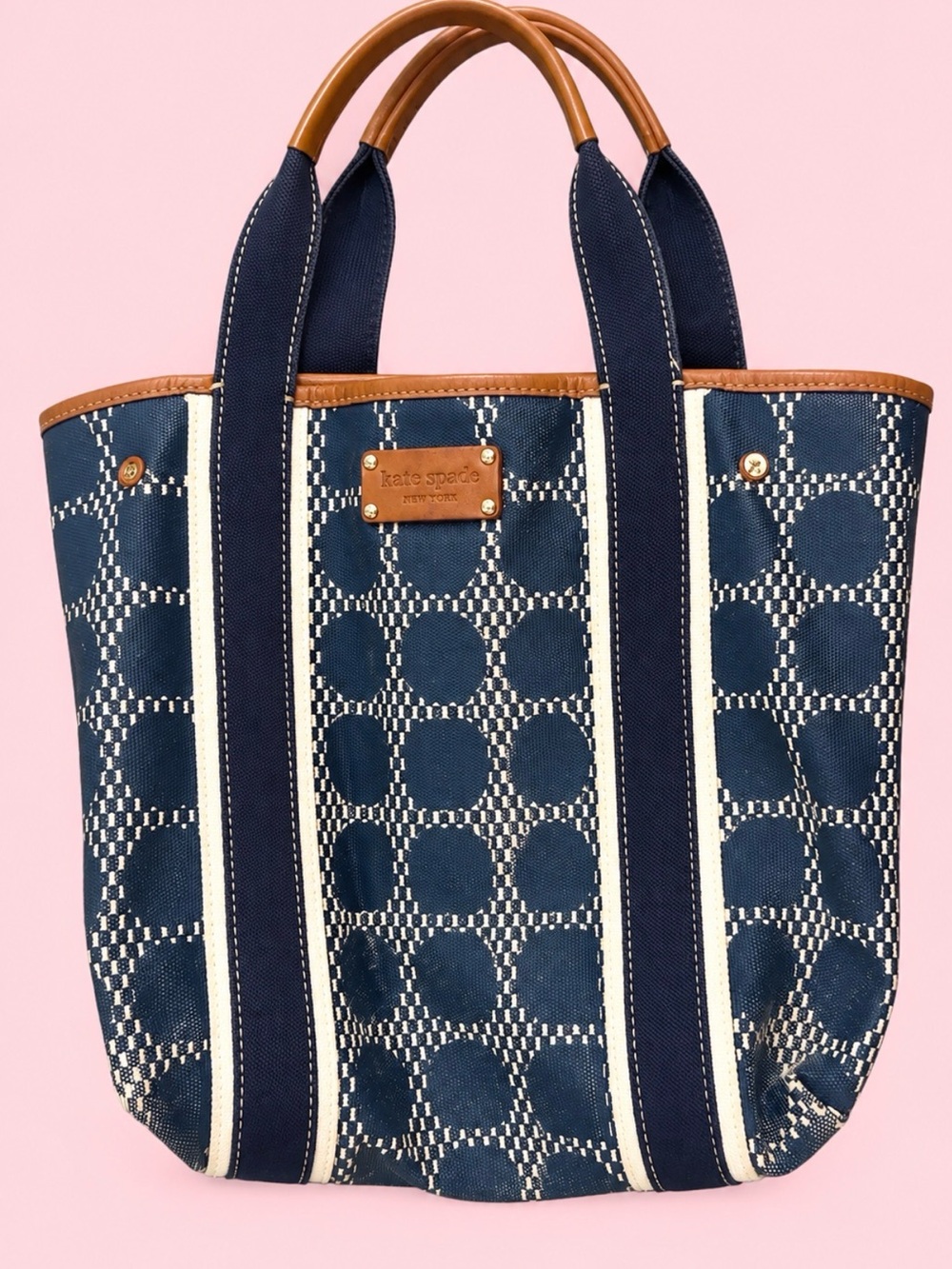 kate spade Navy Jacquard Circle Tote with Tan Trim